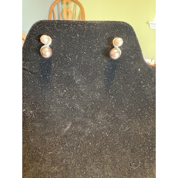 Silver Tone Double Ball Stud Earrings Modern Post Faux Pearl Two-Tone Elegant - Picture 1 of 7